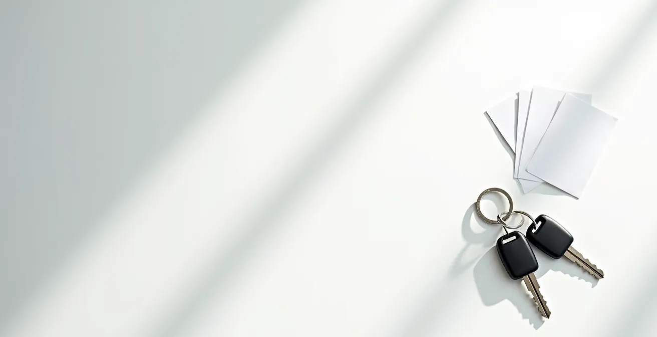 Composición minimalista de llaves y documentos sobre mesa